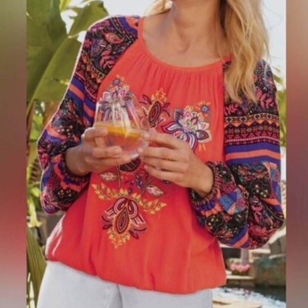 Soft Surroundings Blame Rio Embroidered Top in Hot Corral